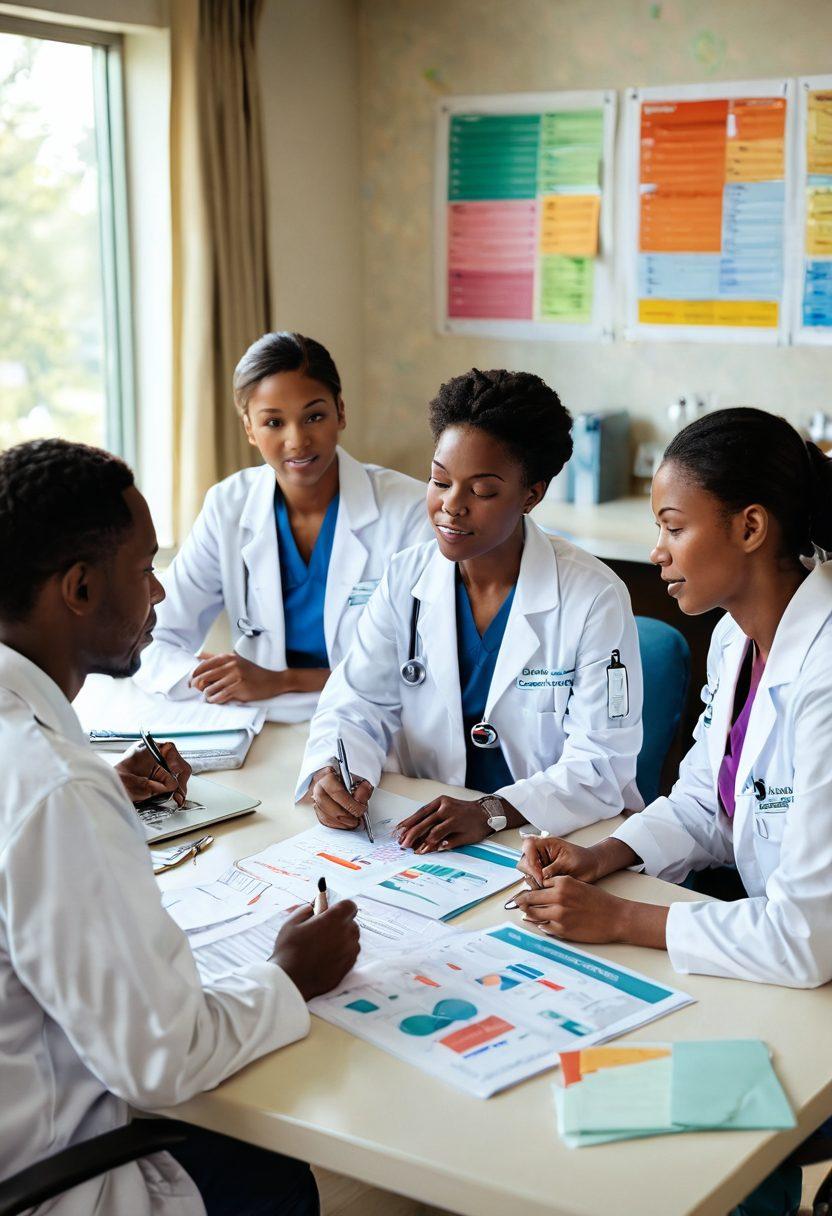 A serene scene depicting a diverse group of healthcare professionals discussing financial wellness with patients in a cozy hospital setting. Incorporate medical charts, patients analyzing their medical bills together, and a planner with notes about budgeting for oncology treatments. Bright, uplifting colors to symbolize hope and support in financial planning. super-realistic. vibrant colors. cozy atmosphere.