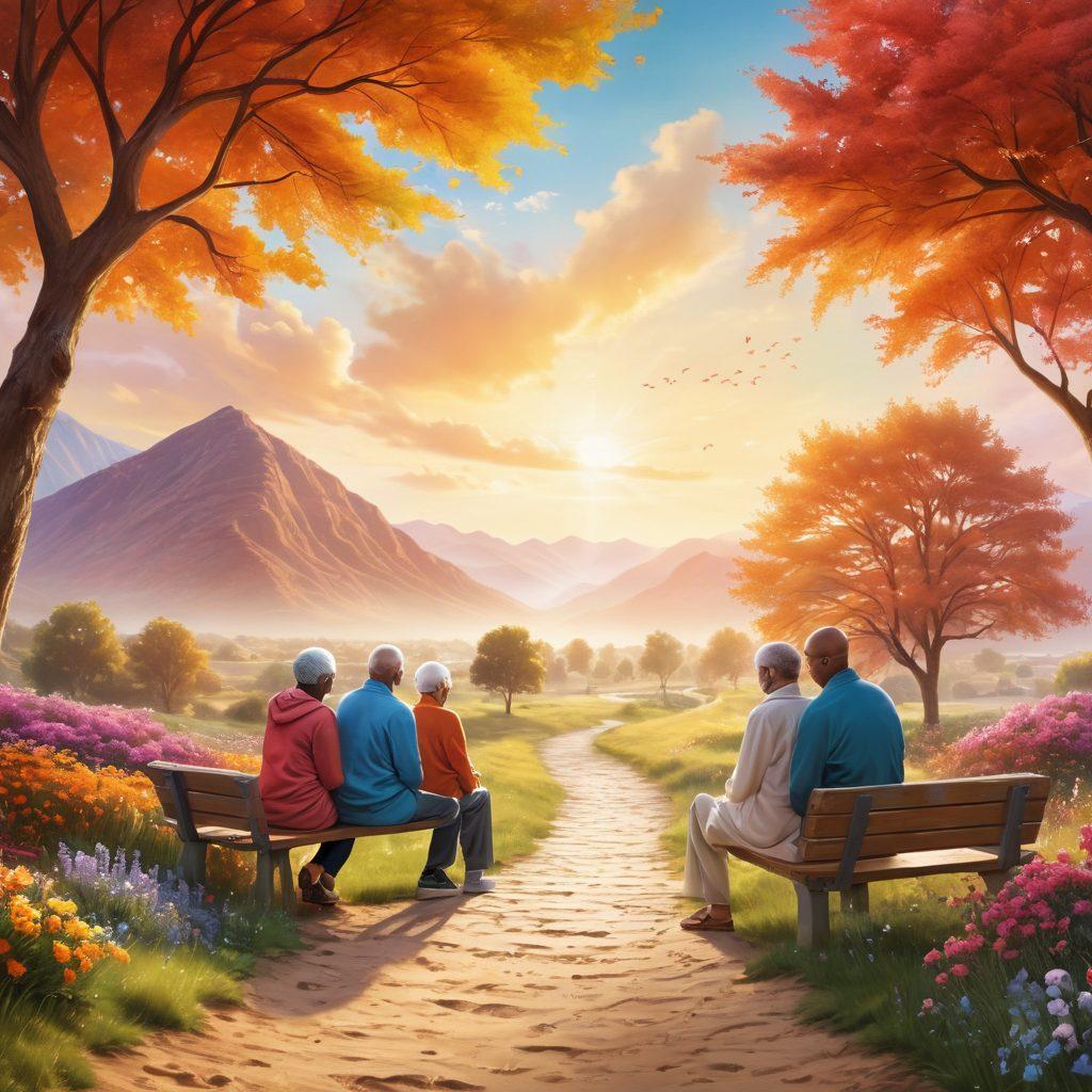 A serene and supportive environment featuring a diverse group of cancer patients and their caregivers discussing resources and financial wellness tips. Include symbolic elements like a path leading to a bright horizon, health brochures scattered around, and a comforting hand on a shoulder. The setting should be warm and inviting, promoting a sense of hope and community. super-realistic. vibrant colors. soft-focus background.