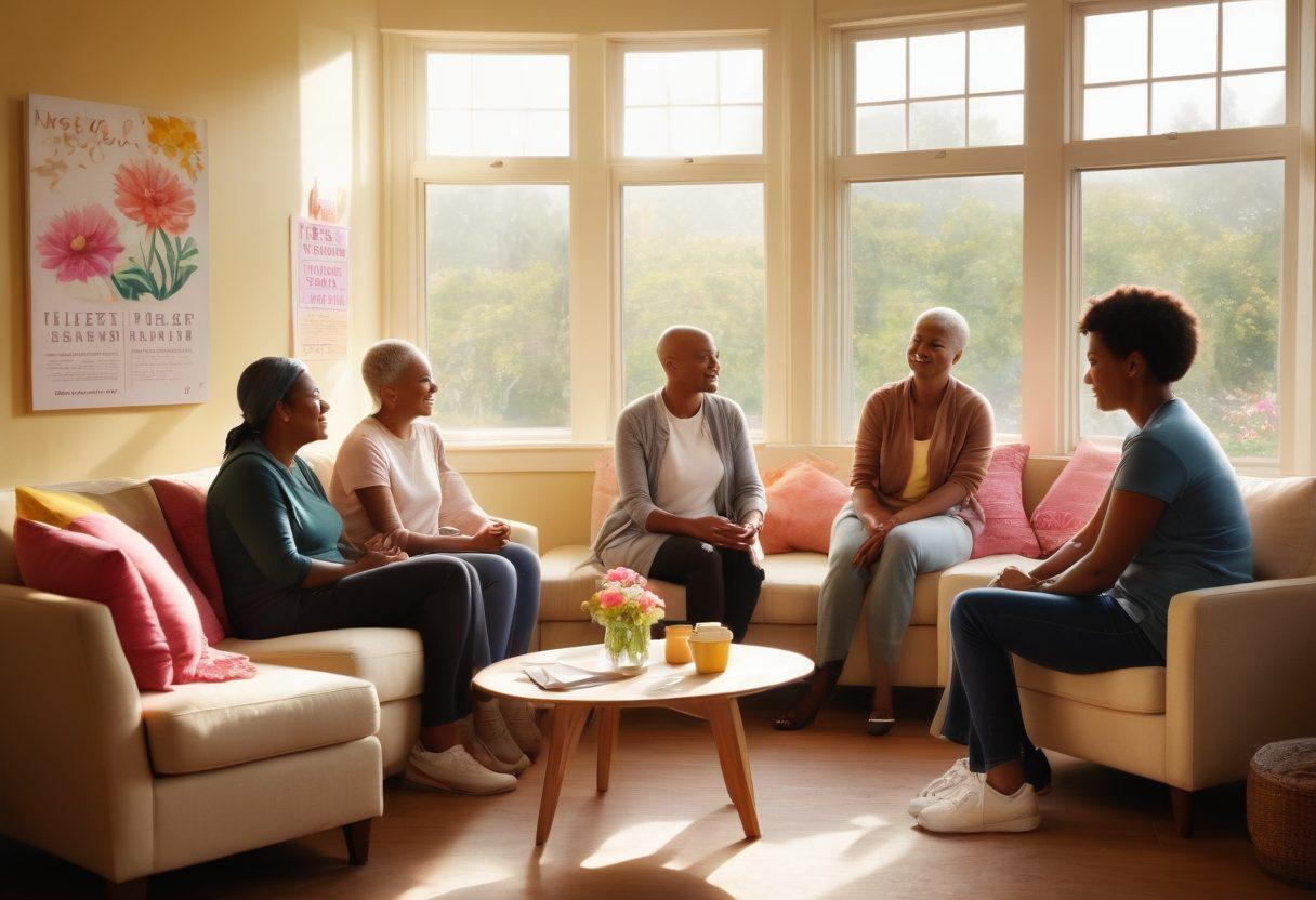 A warm and welcoming scene depicting a diverse group of cancer survivors engaging in a supportive group discussion, surrounded by inspiring posters about wellness and education. Include elements of hope, such as blooming flowers and sunlight streaming through a window, to symbolize resilience. The environment should be cozy, with comfortable seating and soft colors to convey a sense of community and encouragement. super-realistic. vibrant colors. soft focus.